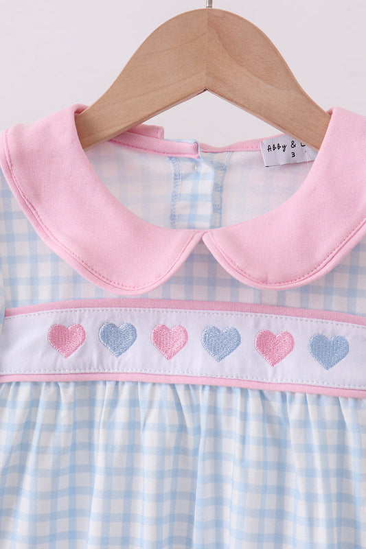 Blue heart embroidery gingham pants set