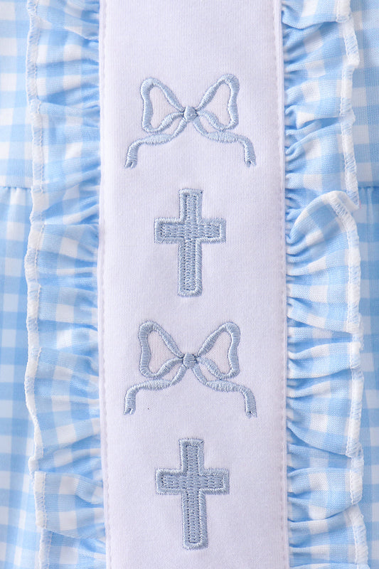 Blue cross bow embroidery ruffle gingham bubble