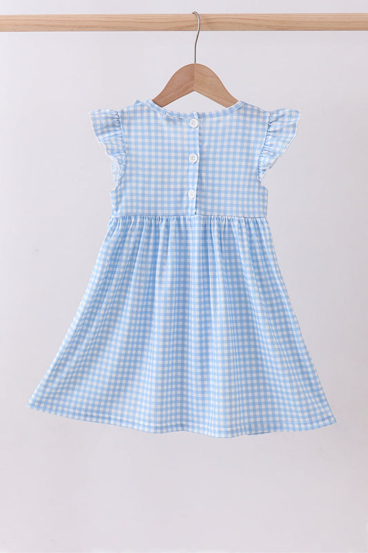 Blue cross bow embroidery ruffle gingham dress