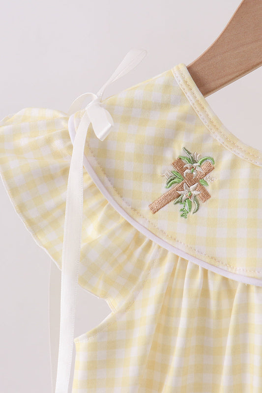 Yellow cross embroidery ruffle dress