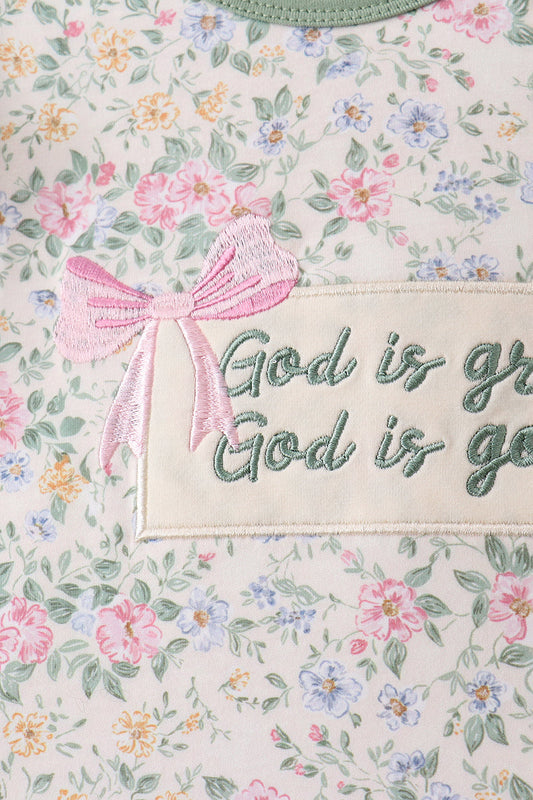 Green floral print bow ruffle dress