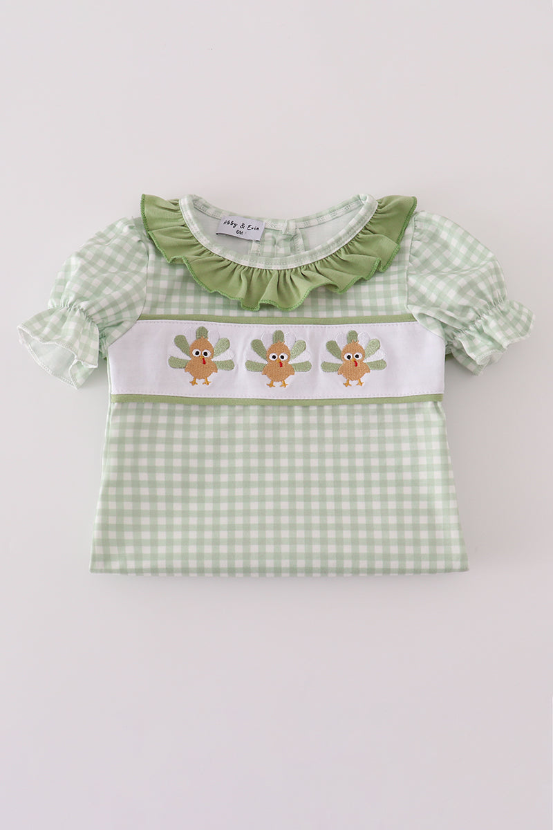 Sage turkey embroidery gingham ruffle romper