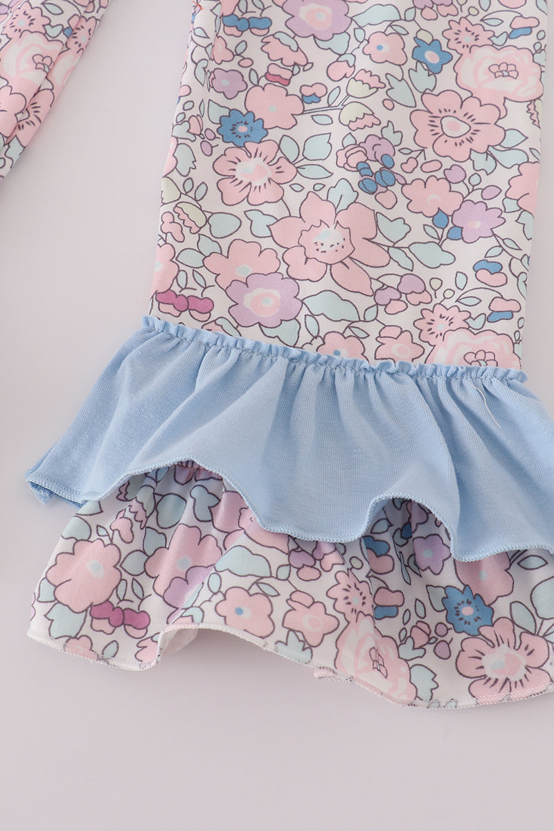 Blue turkey applique ruffle pants set