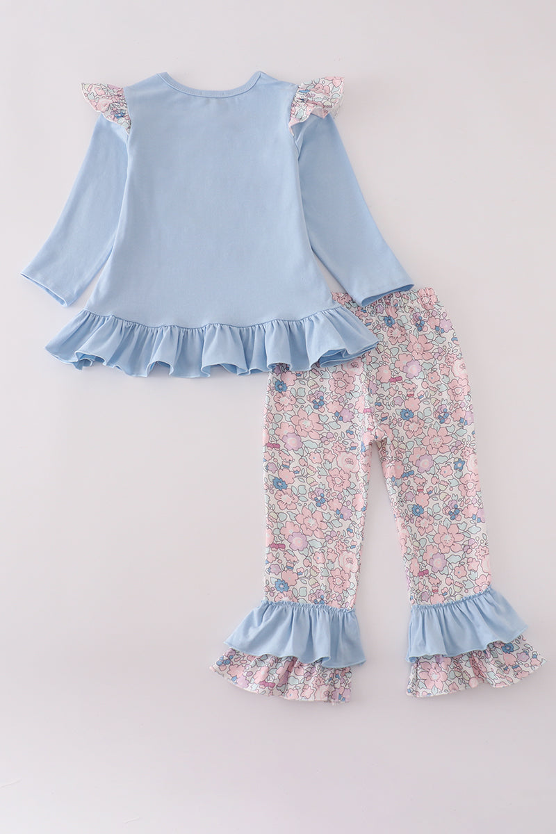 Blue turkey applique ruffle pants set