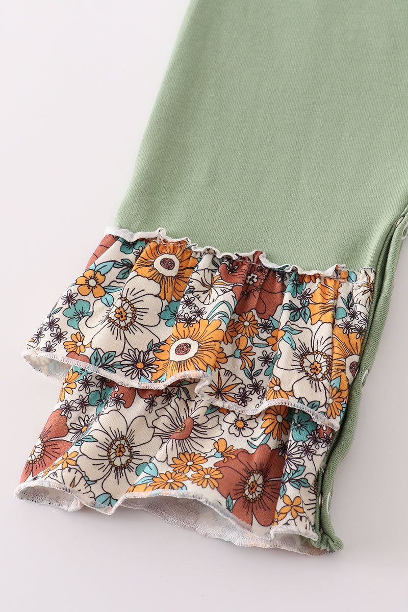 Green cow applique floral print ruffle romper