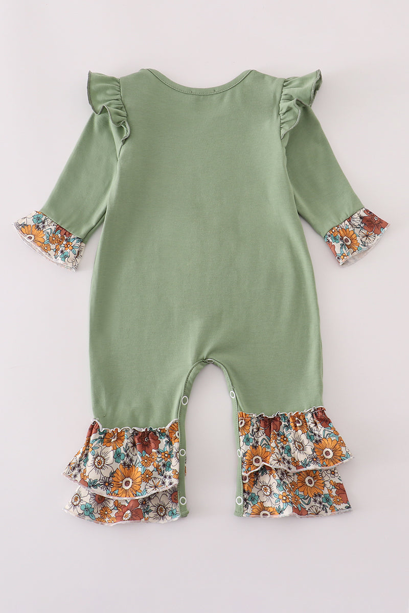 Green cow applique floral print ruffle romper