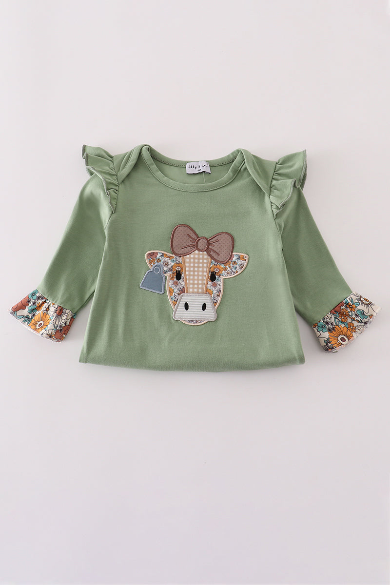 Green cow applique floral print ruffle romper