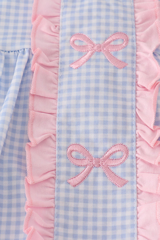 Blue bow embroidery gingham ruffle pants set