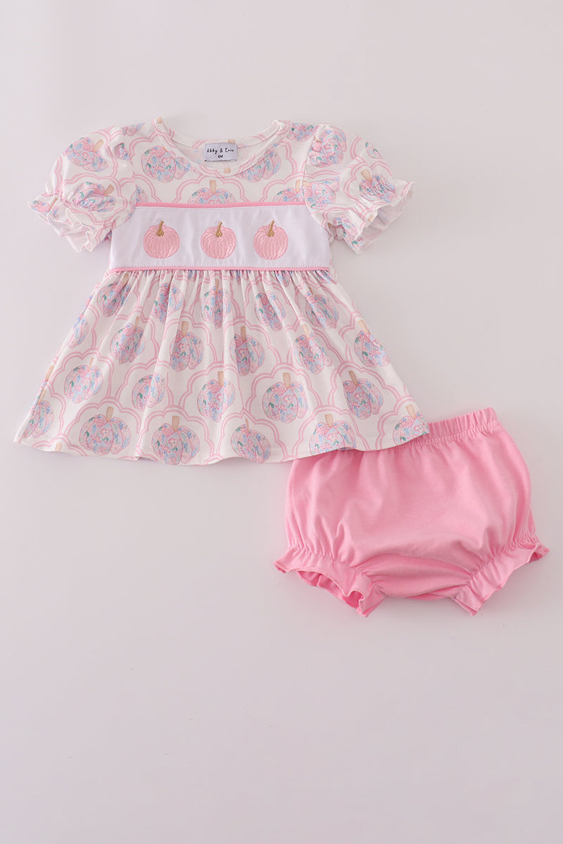 Pink pumpkin embroidery bloomer set