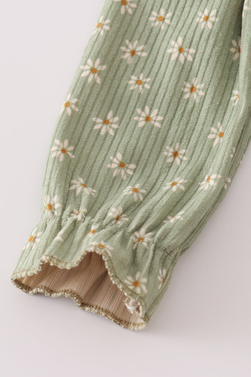Green corduroy floral lace ruffle bubble