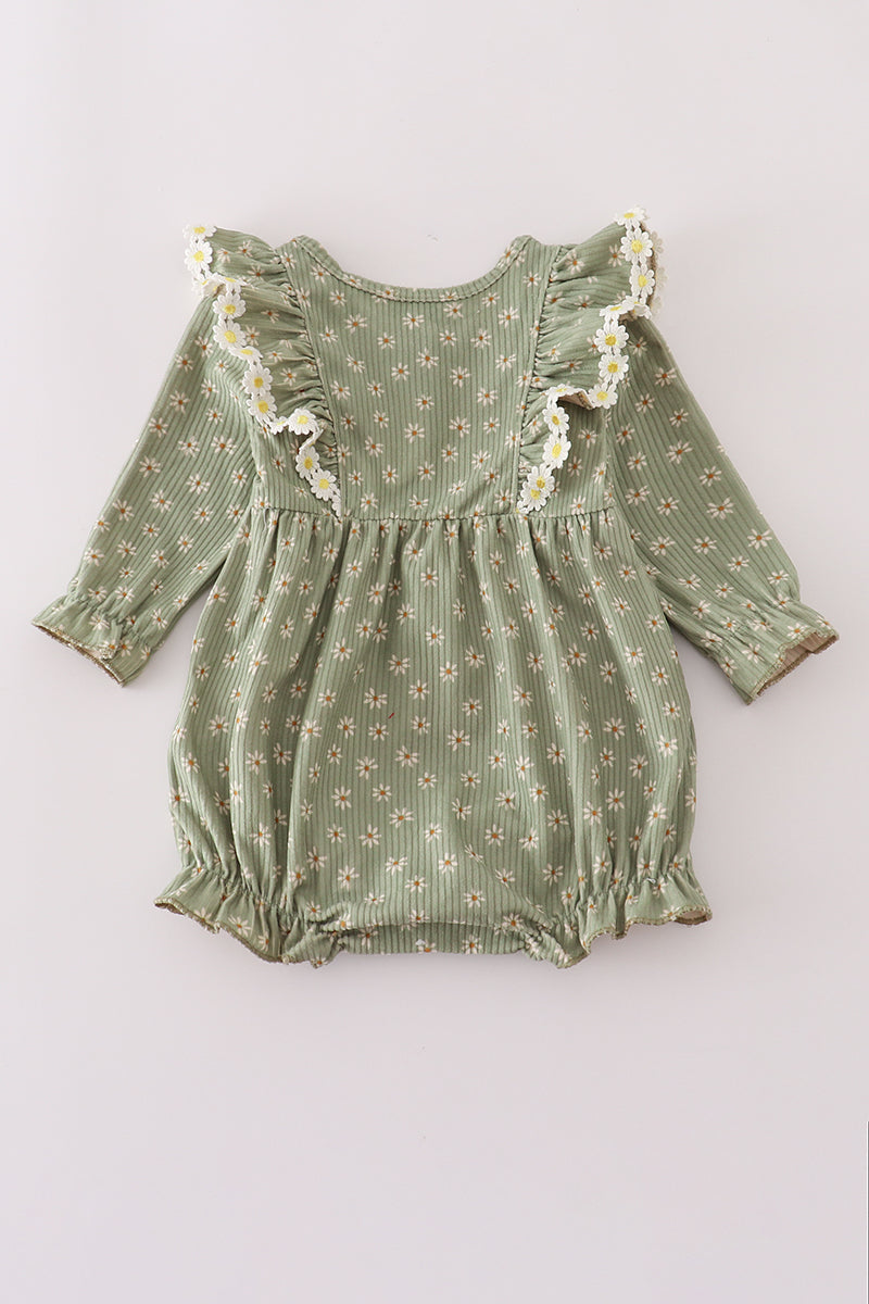 Green corduroy floral lace ruffle bubble