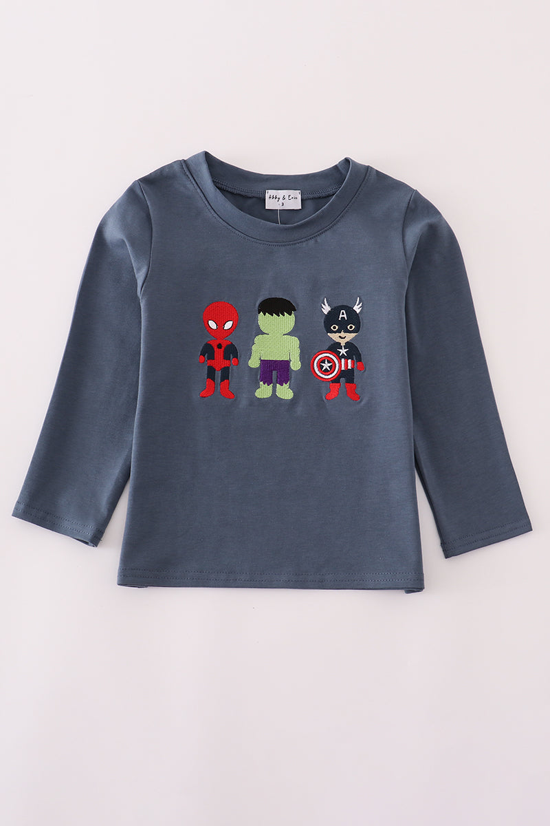 Navy character embroidery top