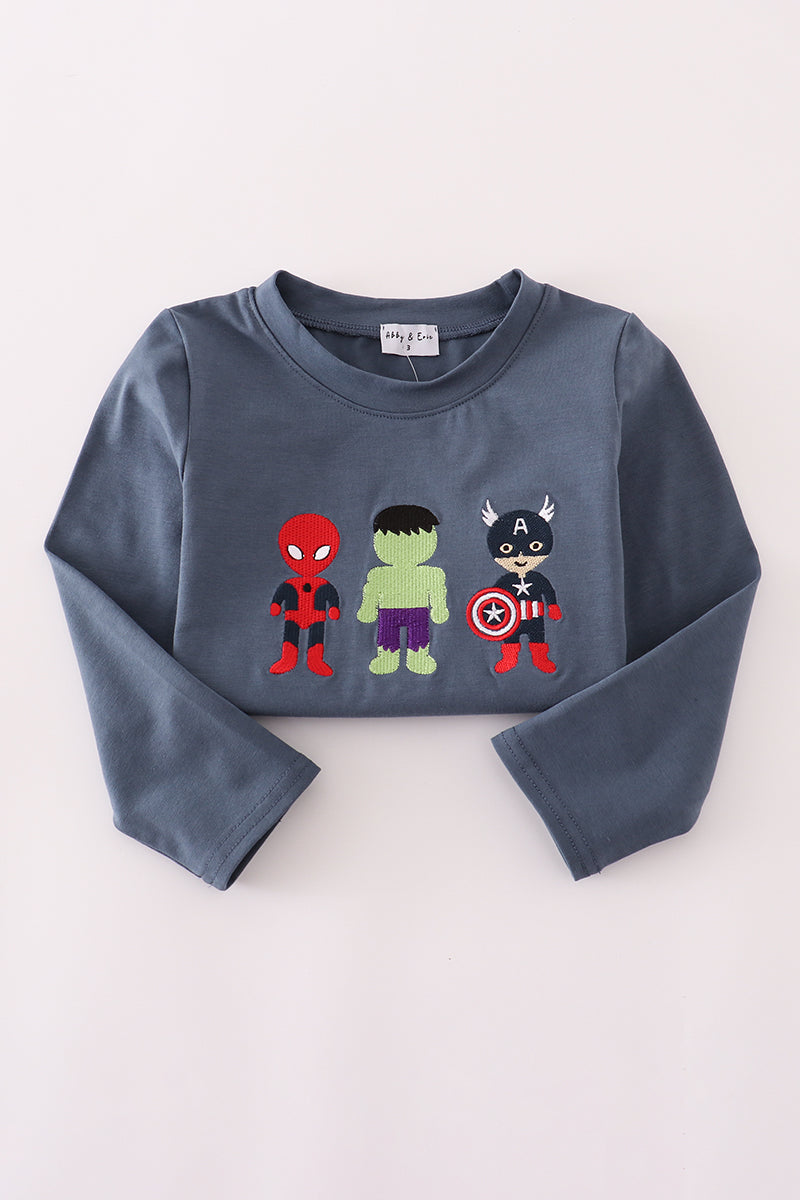 Navy character embroidery top
