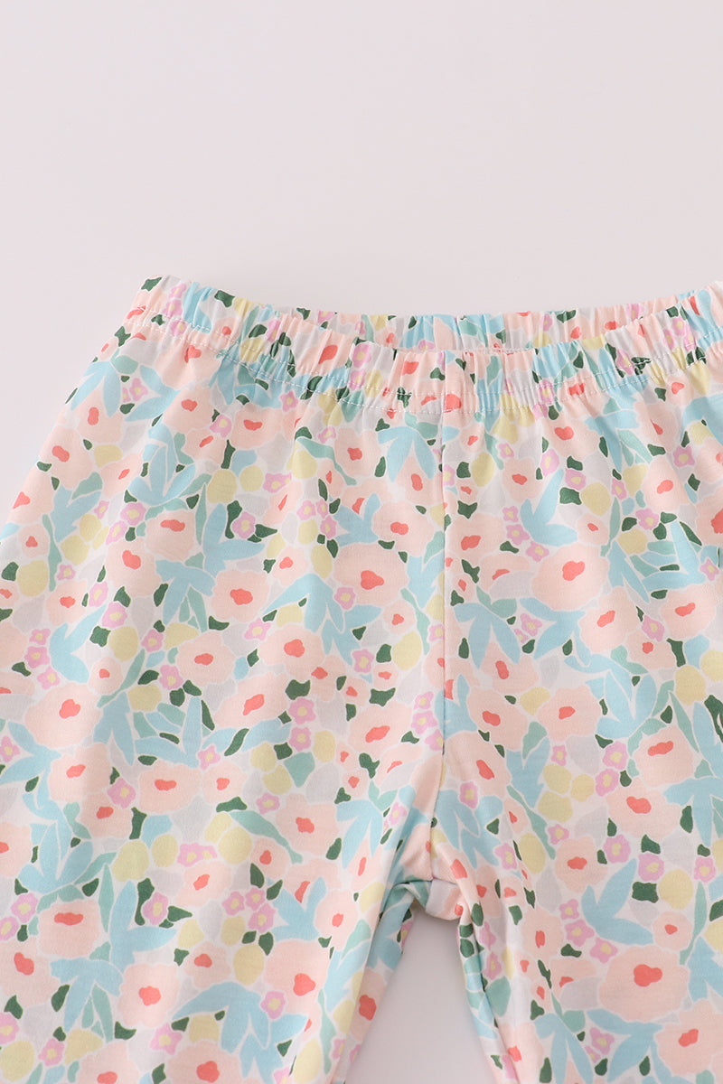 Pink floral print bow applique ruffle romper