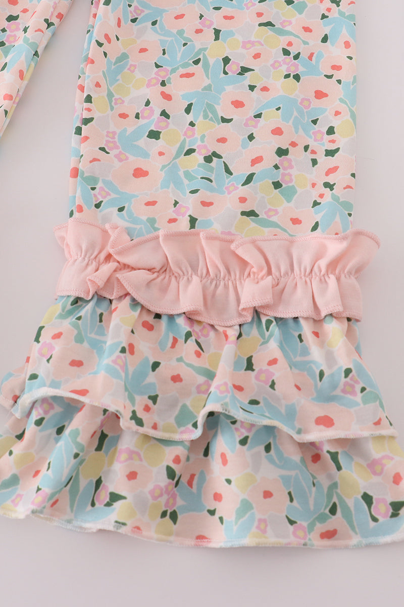 Pink floral print bow applique ruffle romper