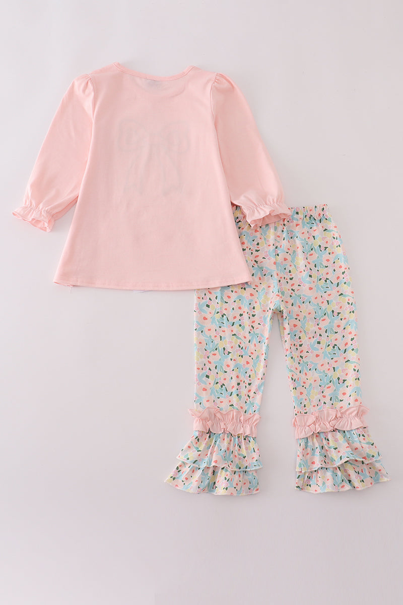 Pink floral print bow applique ruffle romper
