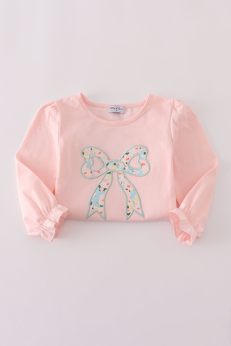 Pink floral print bow applique ruffle romper