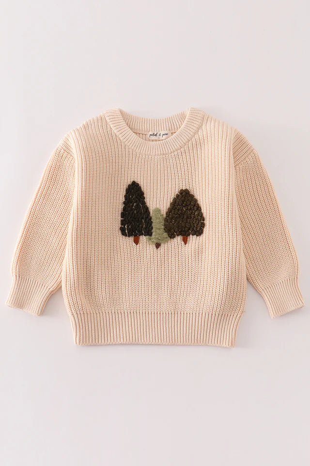 Cream Hand-Embroidery Christmas Tree Pullover Sweater