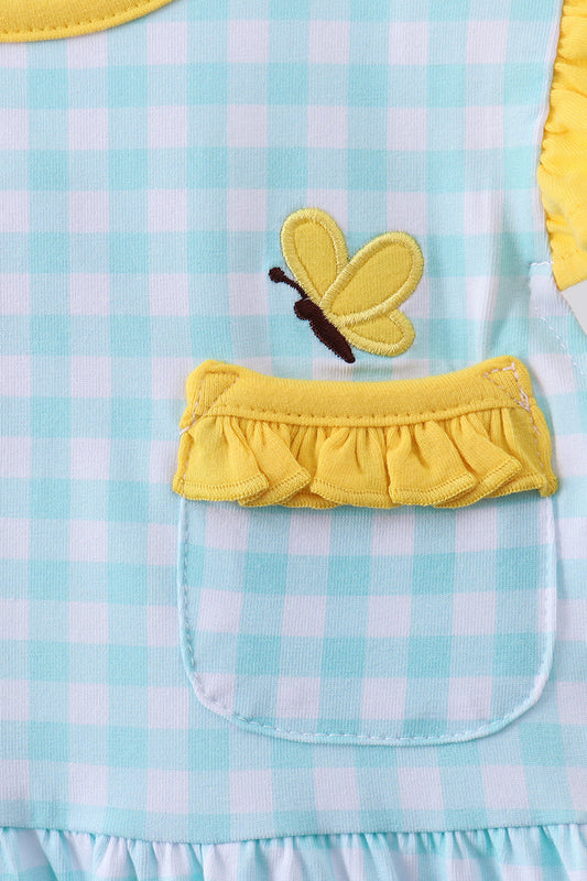 Blue gingham butterfly & bee pocket flutter dress