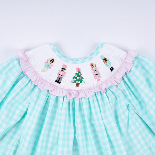Mint christmas nutcracker hand smocked gingham ruffle pants set