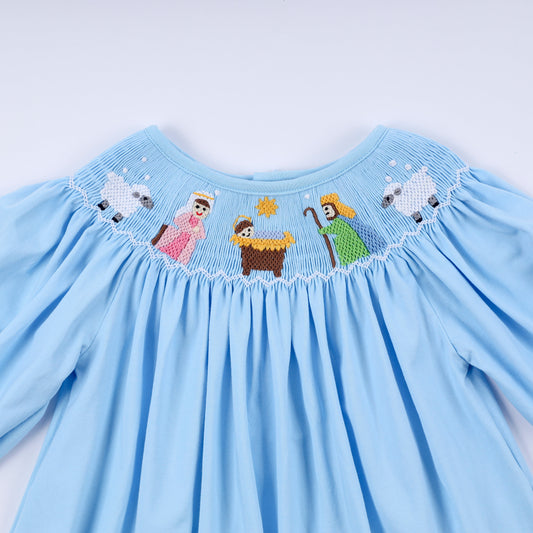 Blue nativity hand smocked ruffle pants set