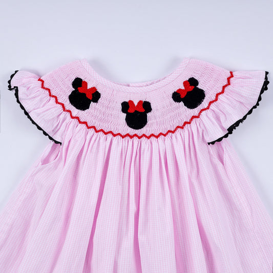 Red character hand smocked plaid ruffle dress