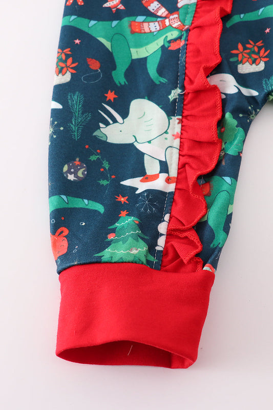 Green dinosaur print ruffle romper