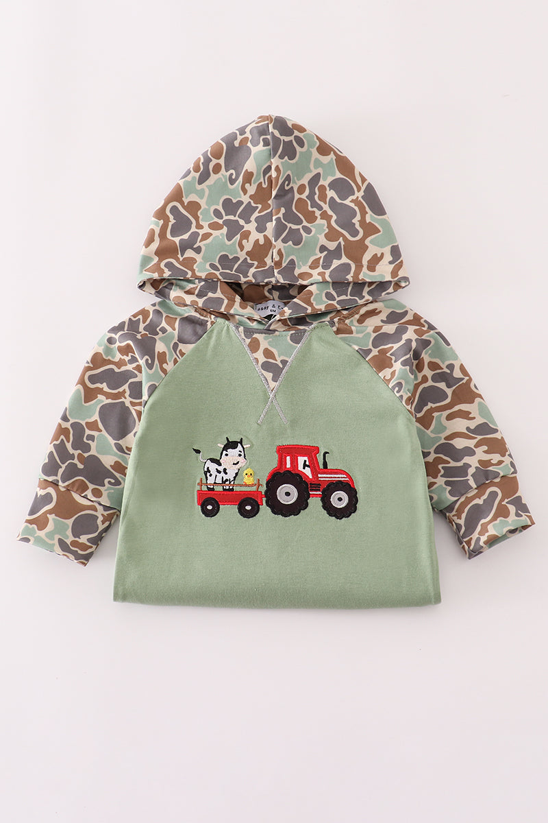Green camouflage cow tractor applique romper