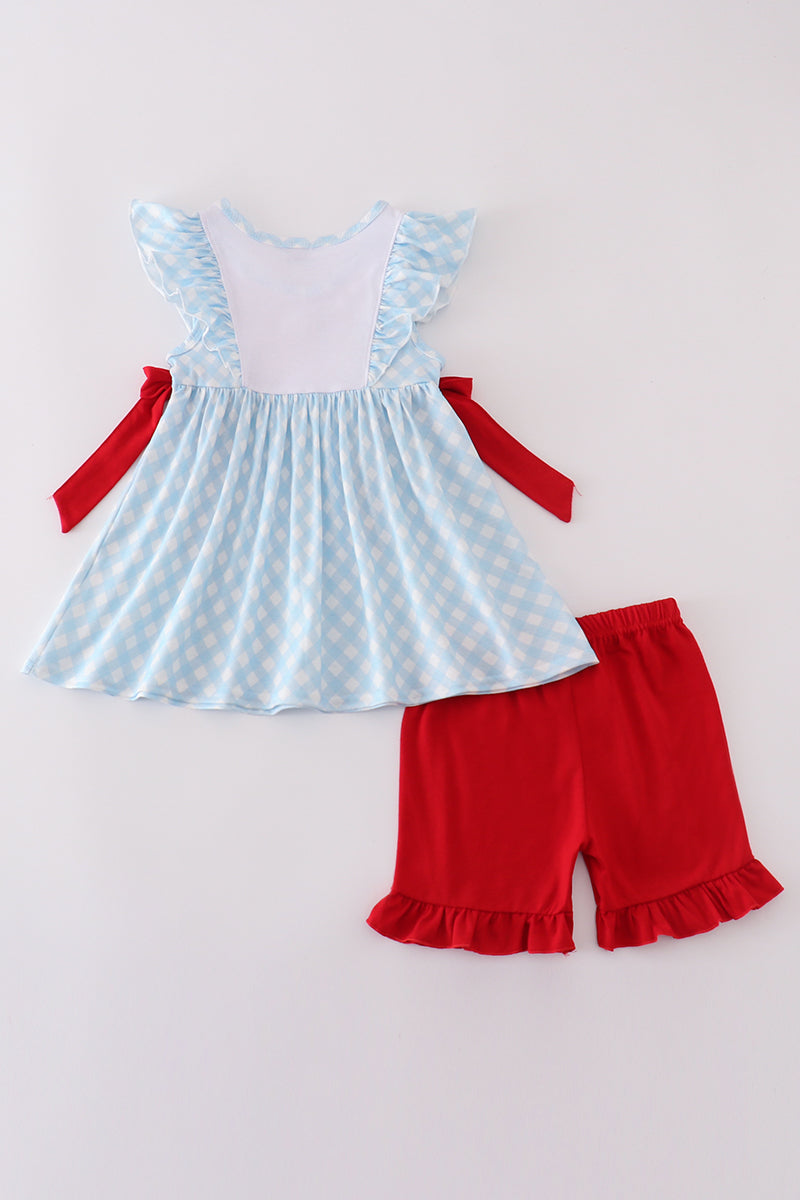 Blue flag embroidery bow gingham ruffle shorts set