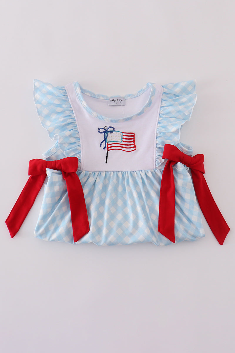 Blue flag embroidery bow gingham ruffle shorts set