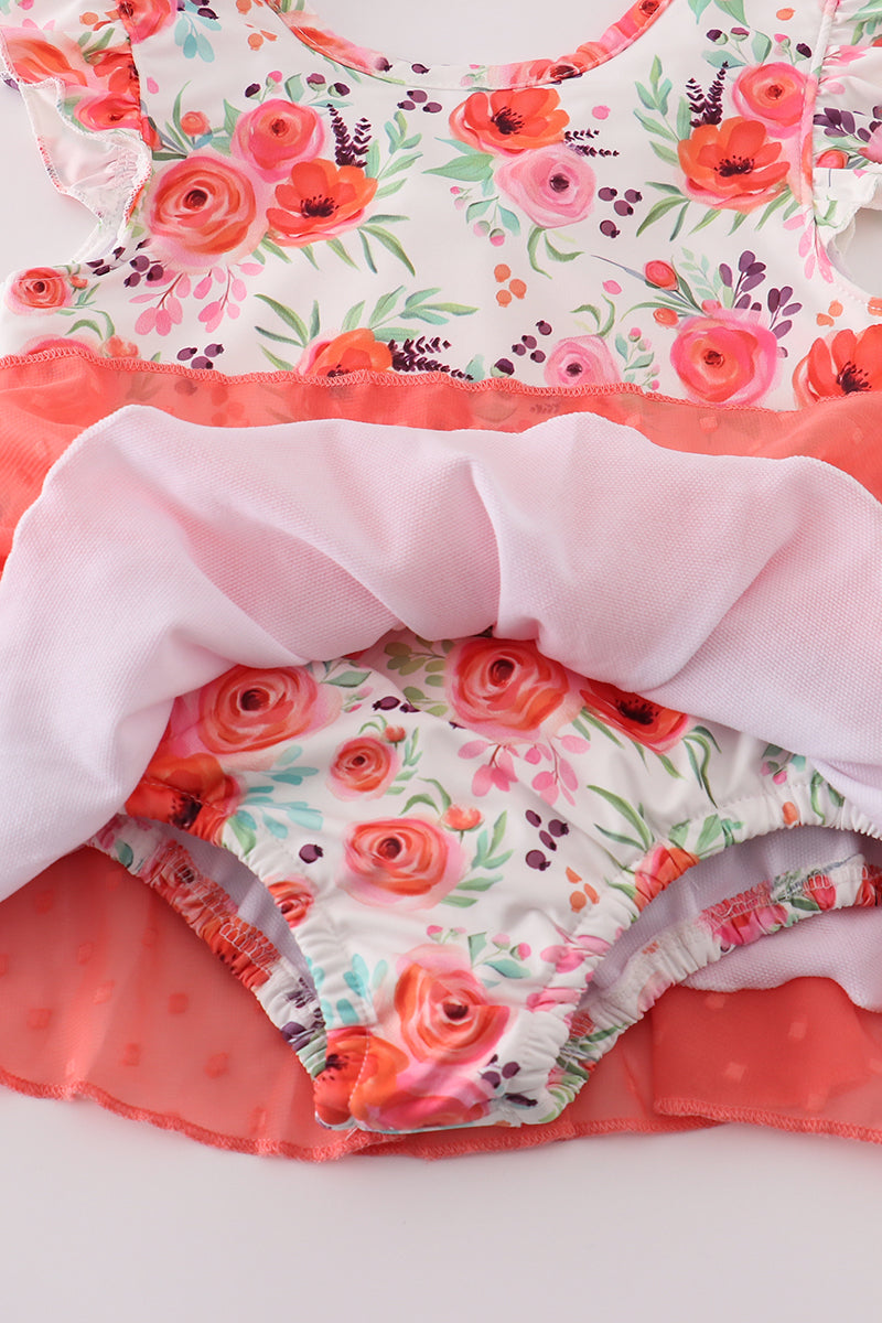 Coral floral print swiss dot leotard