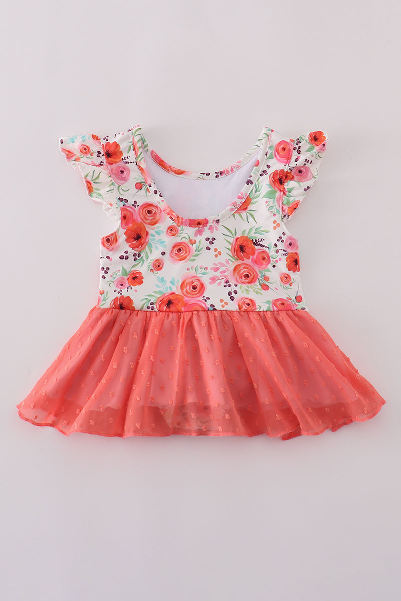 Coral floral print swiss dot leotard