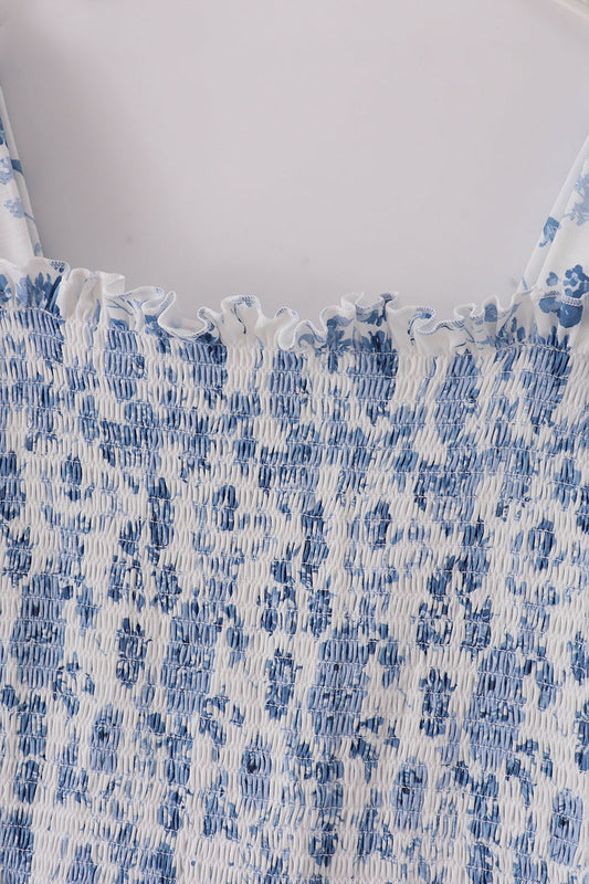 Blue smocked floral print mom dress