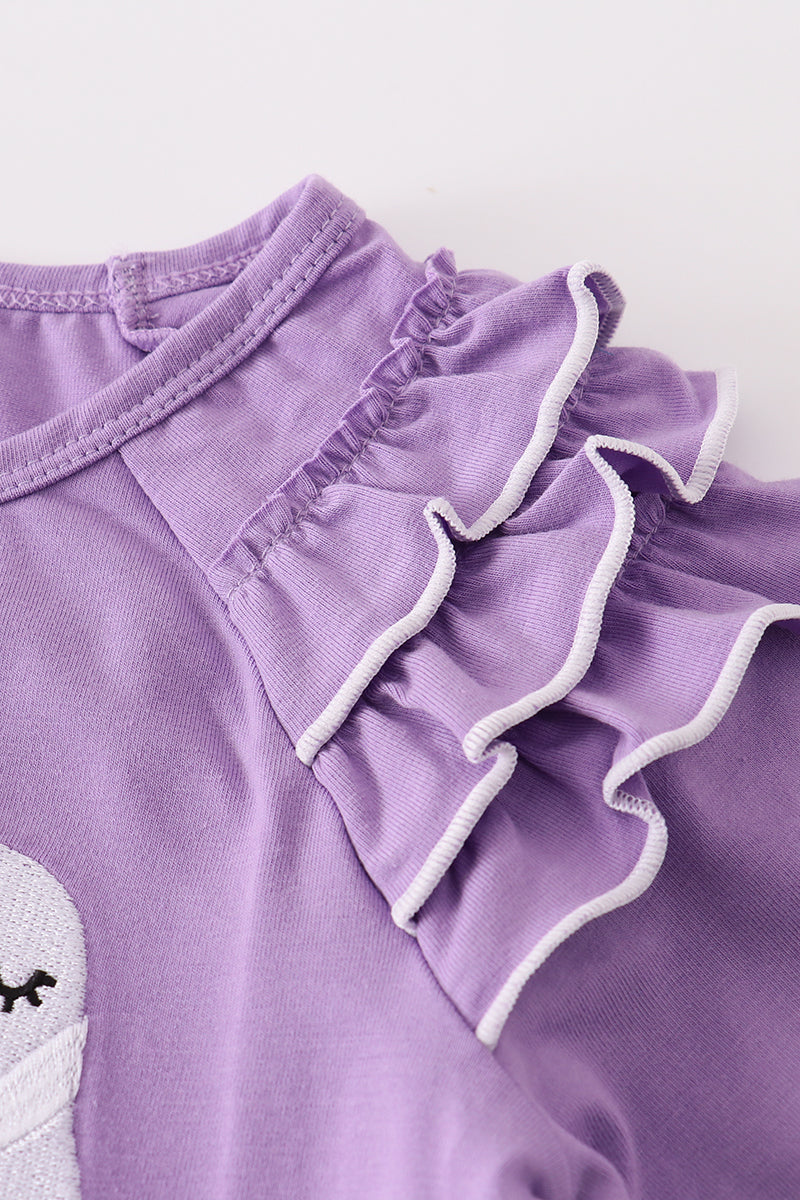 Purple ghost pumpkin embroidery ruffle top