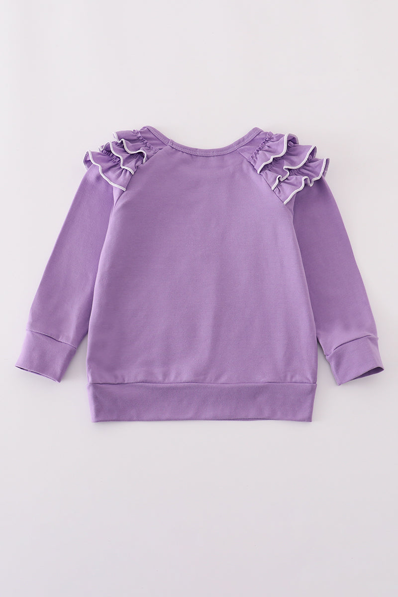 Purple ghost pumpkin embroidery ruffle top