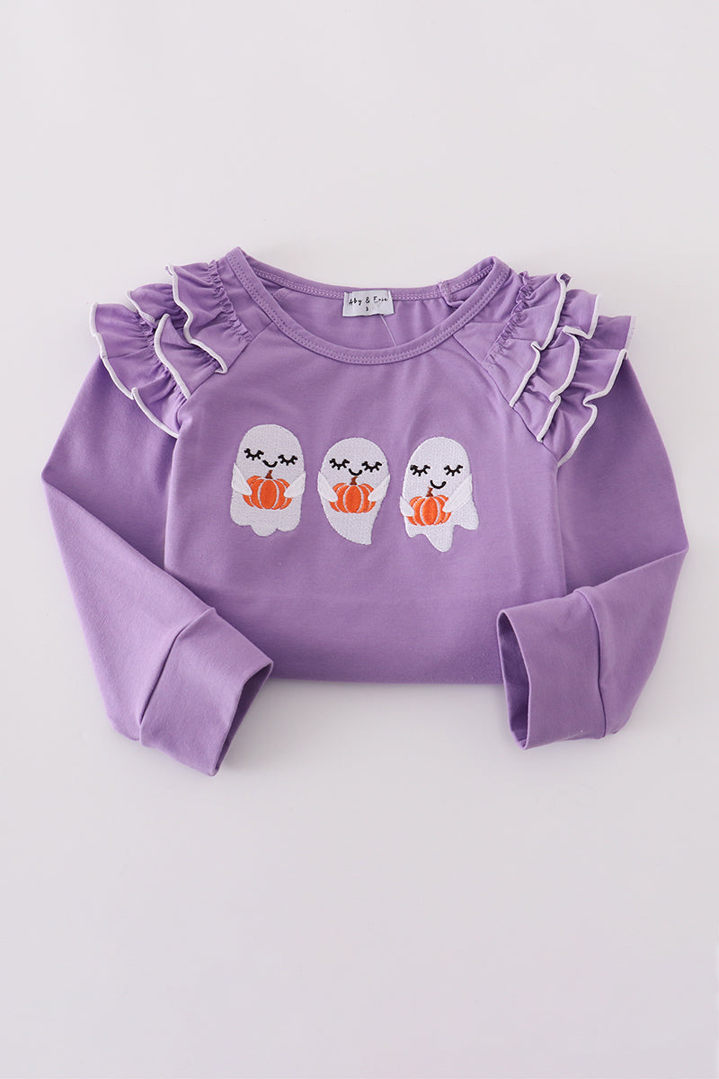 Purple ghost pumpkin embroidery ruffle top
