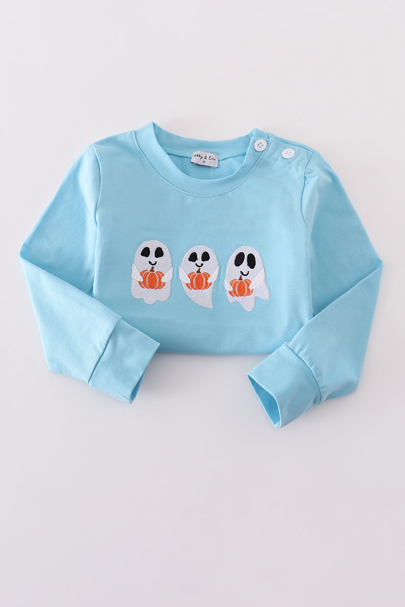 Blue ghost pumpkin embroidery top