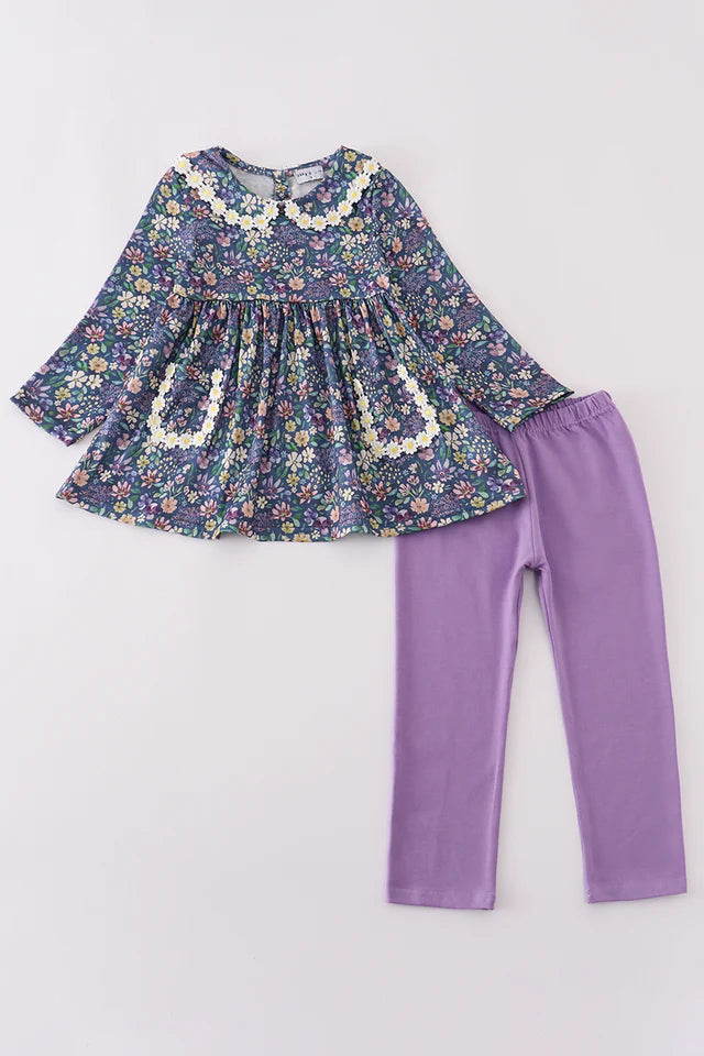 Purple Floral Lace Pants Set