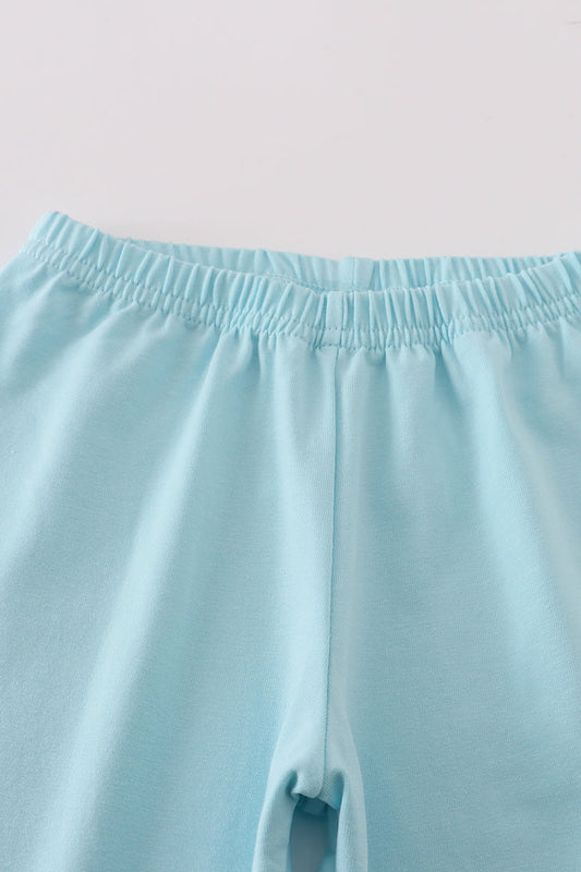 Blue bow & lace print ruffle pants set