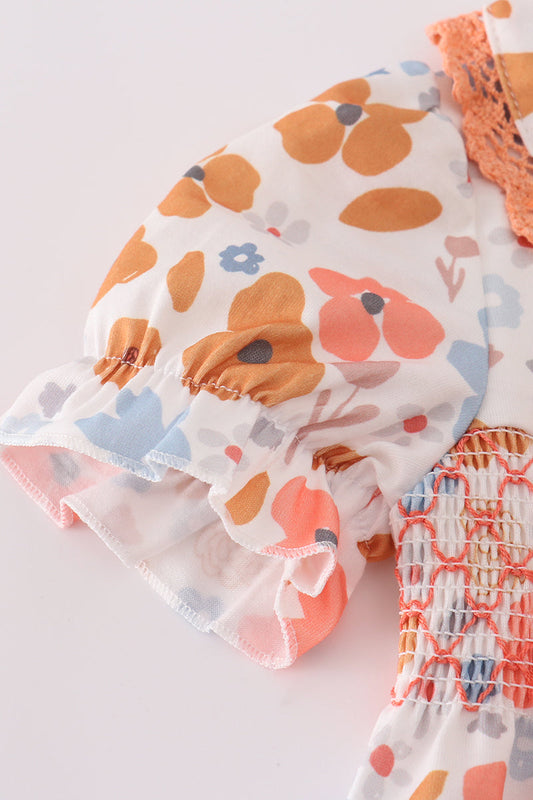 Floral print smocked ruffle bubble