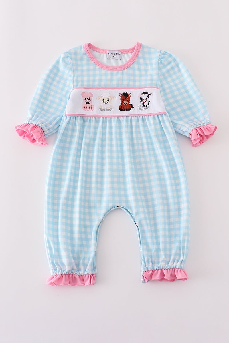 Blue farm embroidery gingham ruffle romper