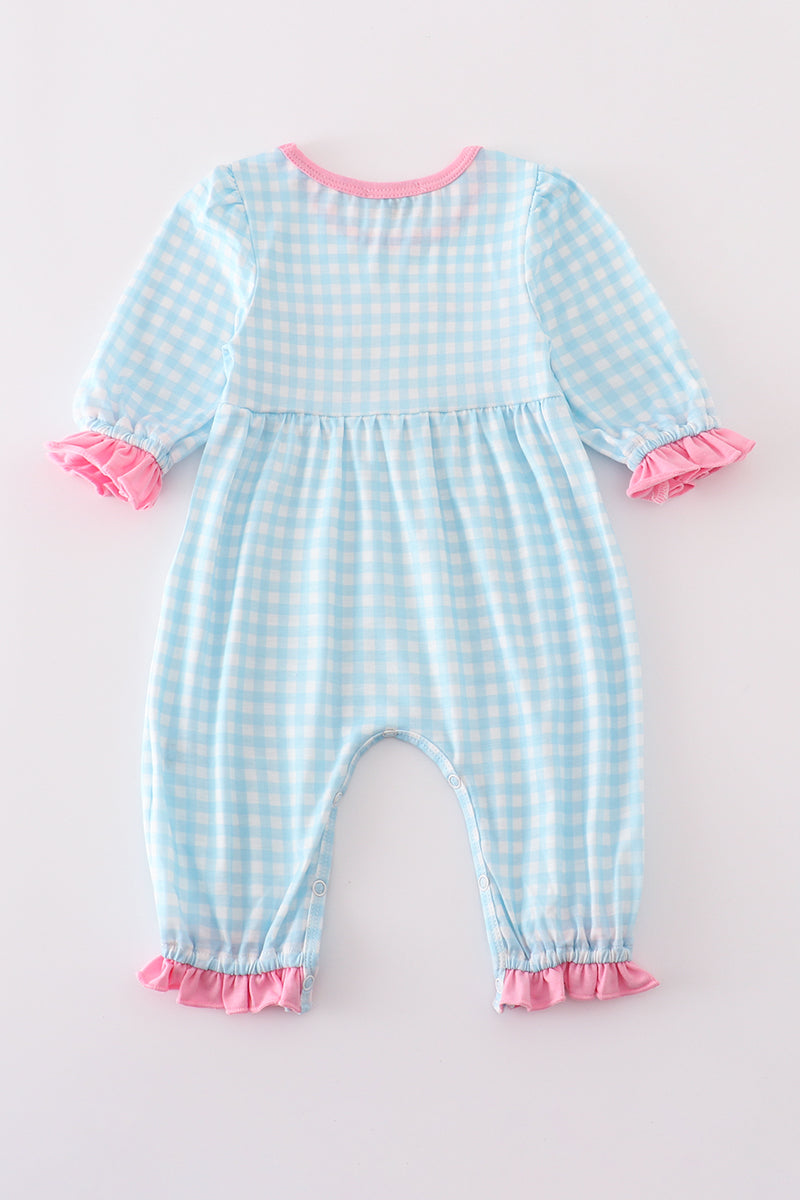 Blue farm embroidery gingham ruffle romper