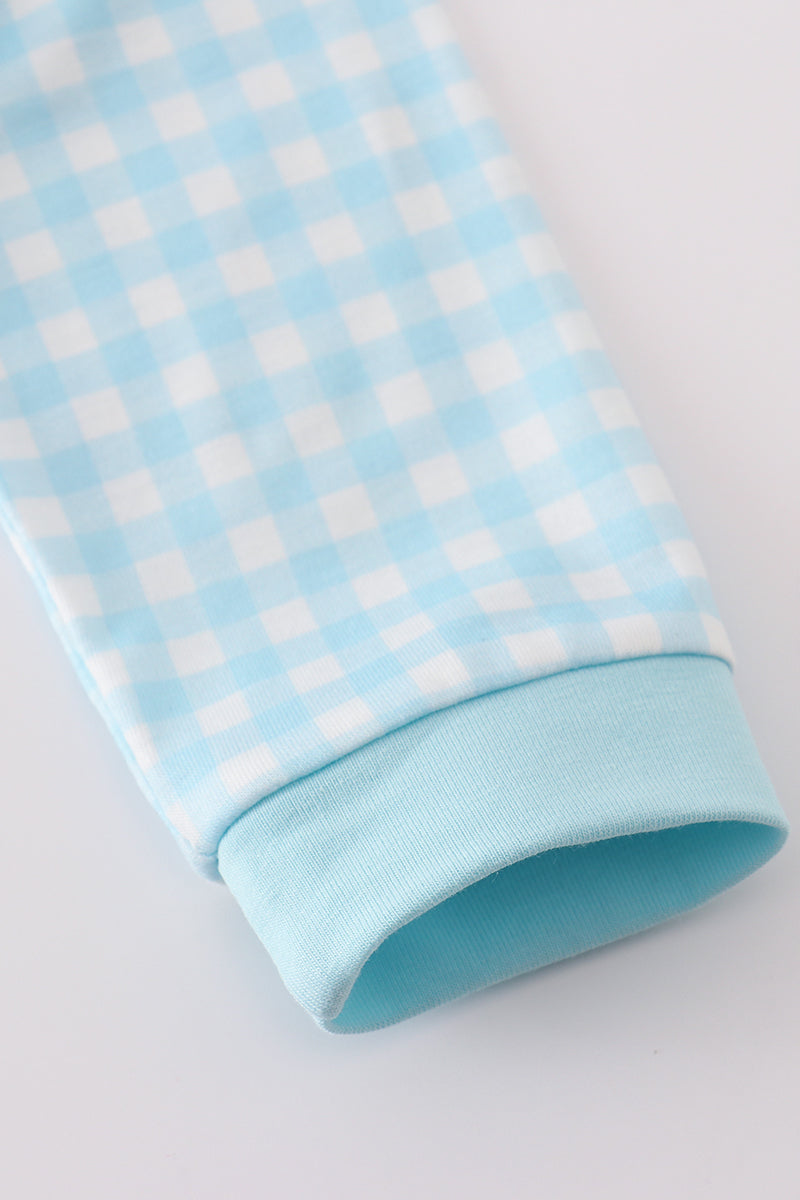 Blue farm embroidery gingham romper