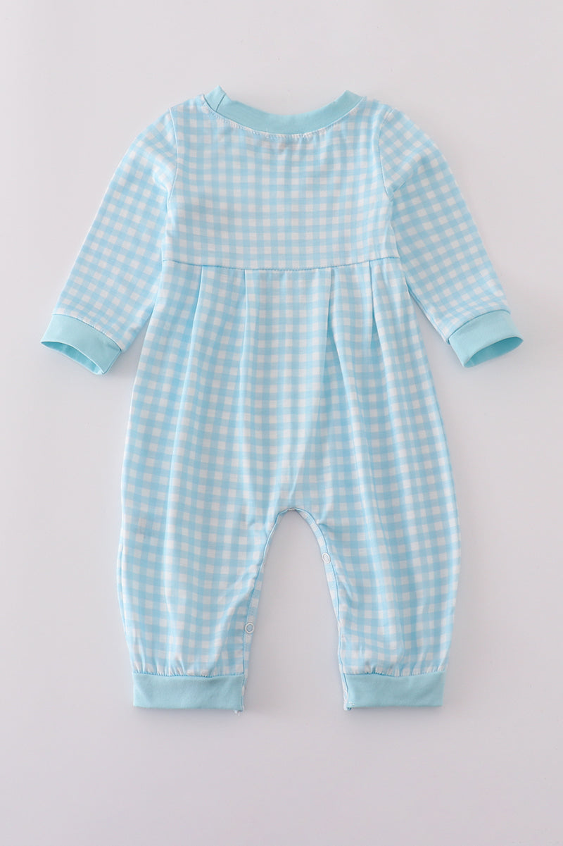 Blue farm embroidery gingham romper