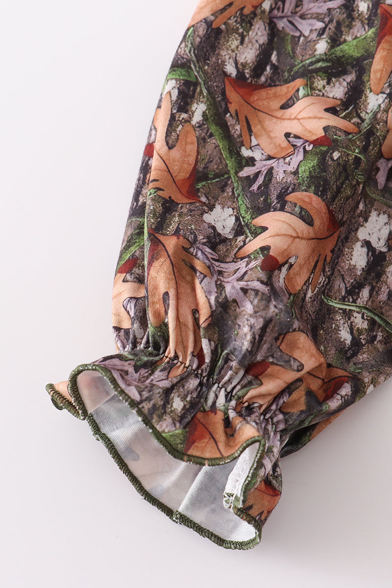 Forest hunting deer embroidery ruffle romper
