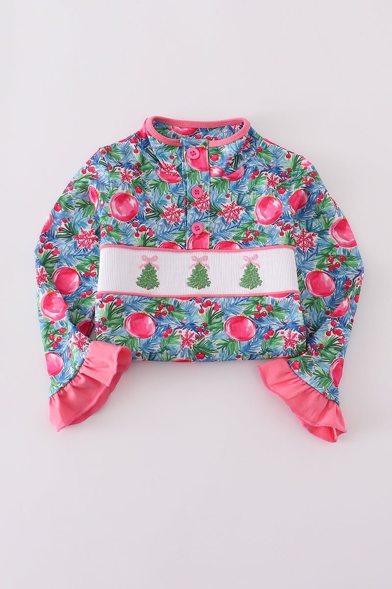 Blue christmas tree smocked ruffle pants set