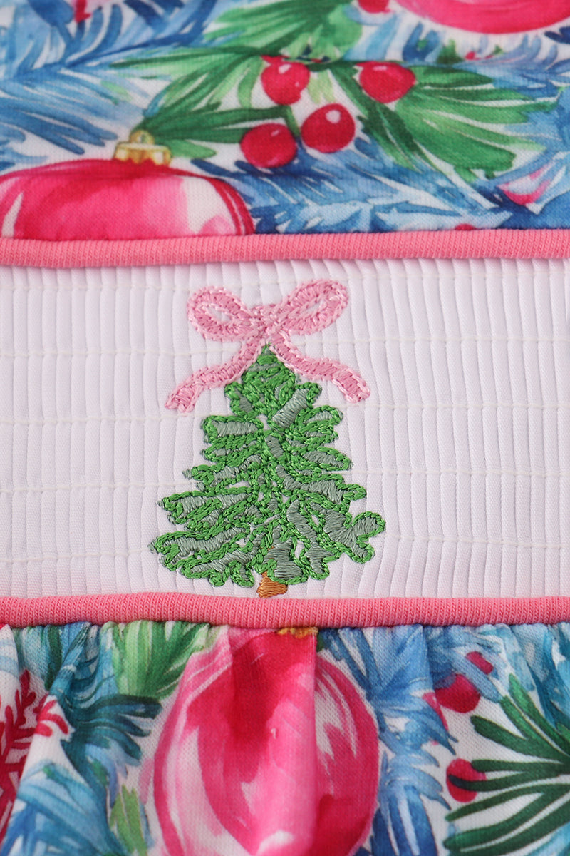 Blue christmas tree smocked ruffle pants set
