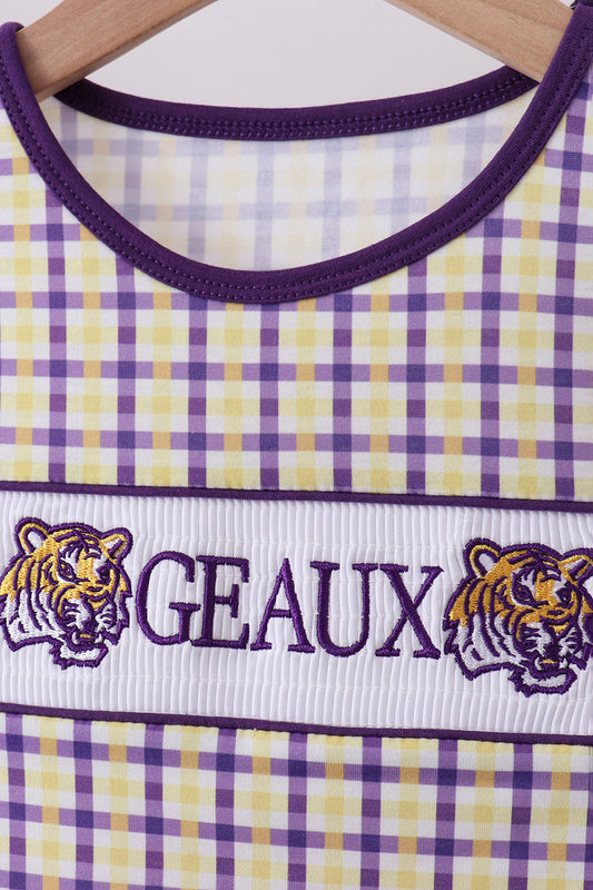 Purple LSU GEAUX smocked ruffle shorts set