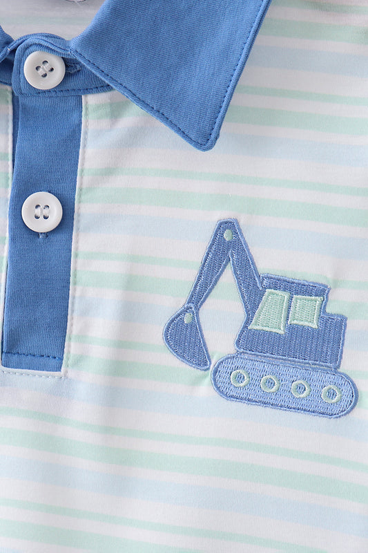 Blue excavator embroidery shorts set