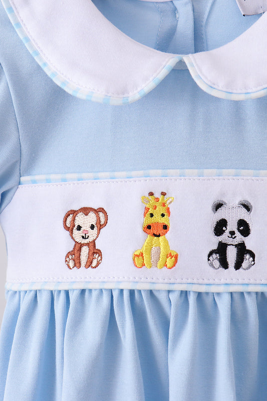 Blue zoo animal embroidery gingham puff sleeve bloomer set
